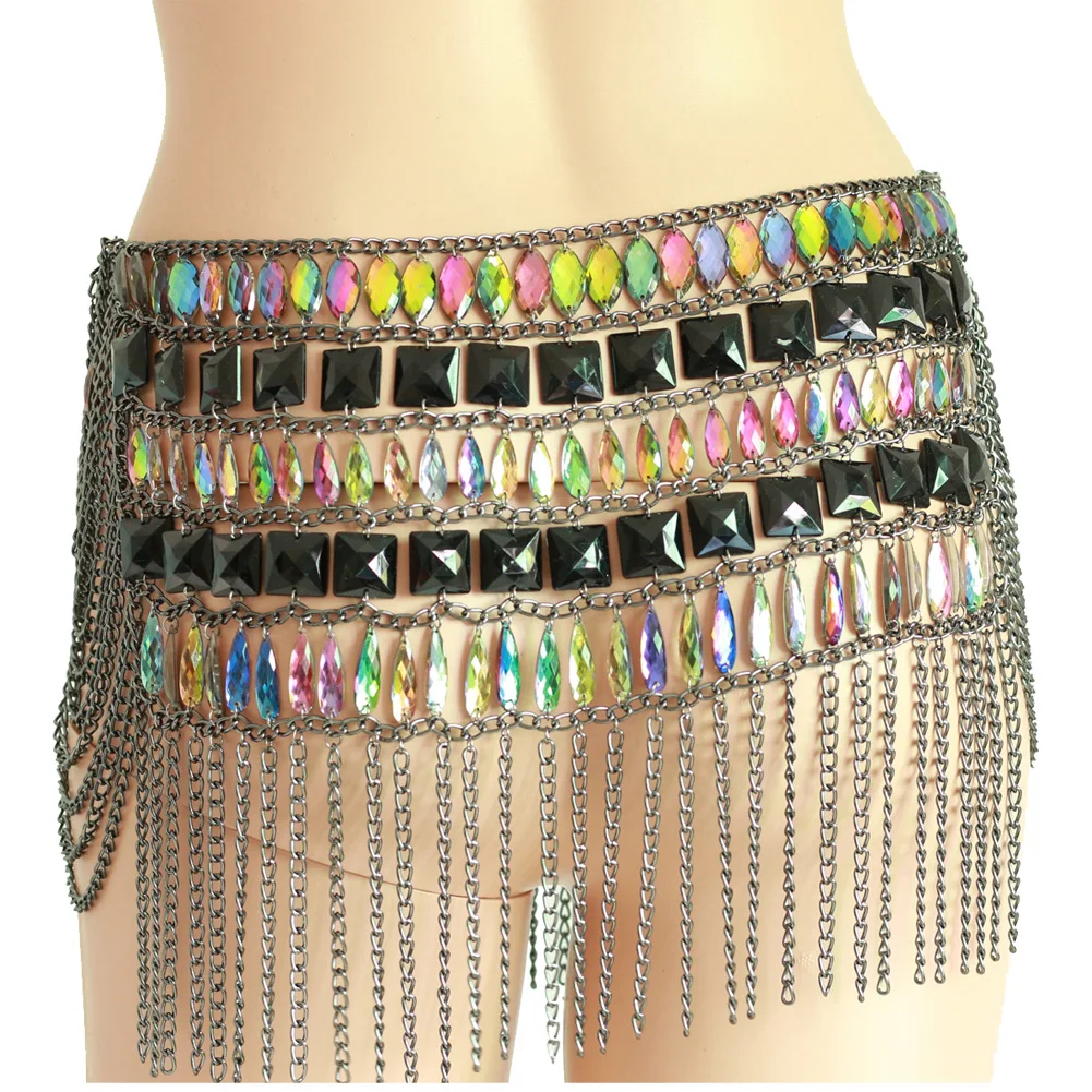 Chran Shiny Sequins Belly Chain Crystal Beaded Skirt for Women Sexy Waist Chain Dress Tassel Body jewelry Rave Festival Outfit