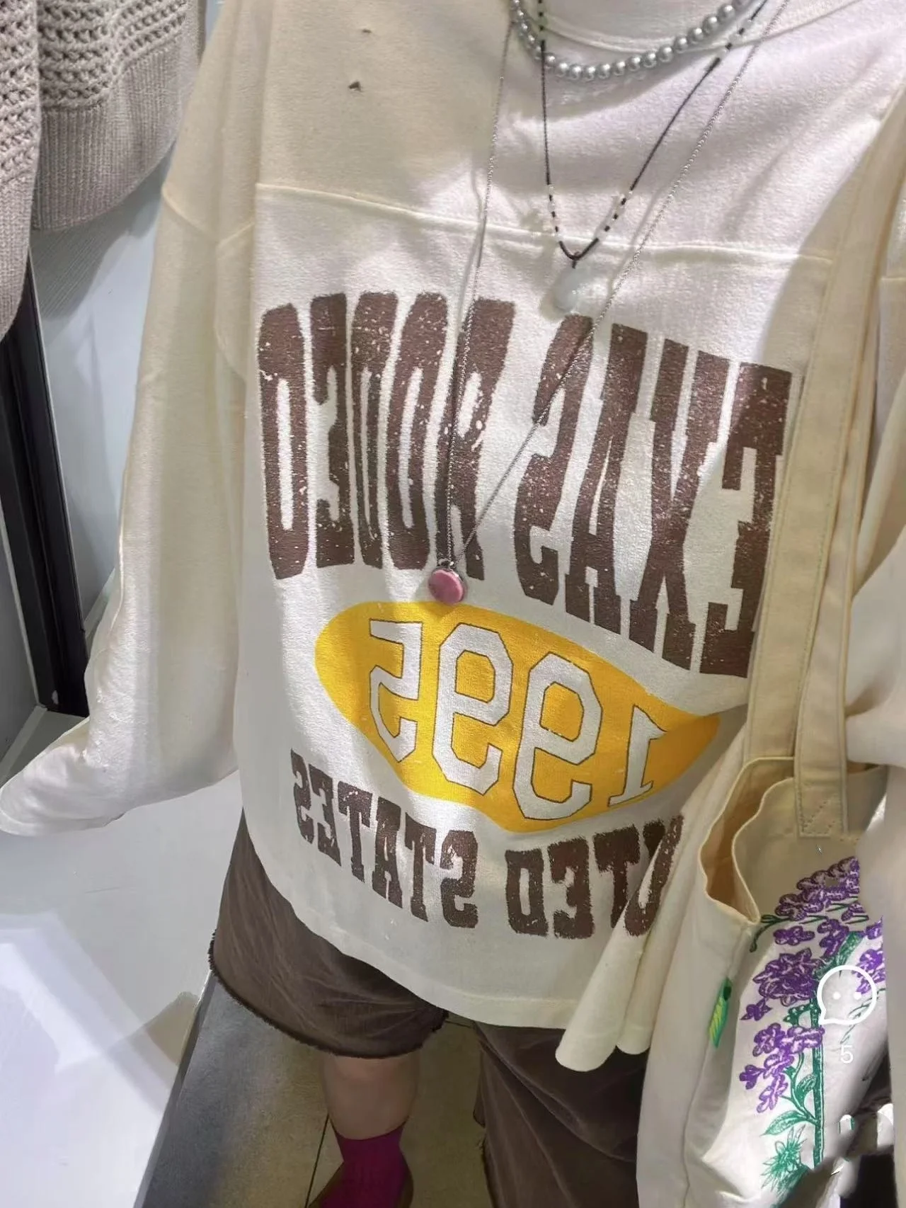 

Осень 2023, новый женский американский ретро Sle с принтом для колледжа, длинный све, круглый, повседневный свитшот, свободный крой, хлопковый, круглый, Ne