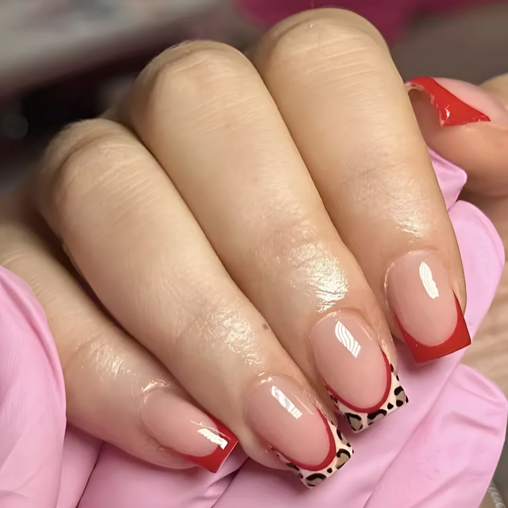 24 pièces ensemble d'ongles carrés courts presse sur poudre brillante rose faux ongles français Grain de Crocodile détachable couverture complète faux ongles conseils