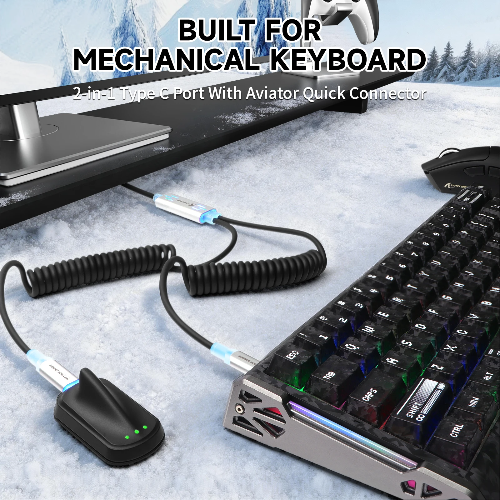 ATTACK SHARK C08 Dual USB-C RGB Coiled Keyboard Cable, 8K Fast Charging Data Cable, Detachable Aviator Connecto