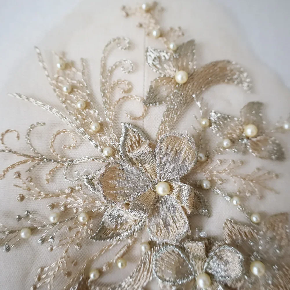 Embroidered Lace Pearl Flower Applique Fabric Mesh Trim Collar For Wedding Bridal Gown Sewing Patch Party Dress Decor DIY Crafts