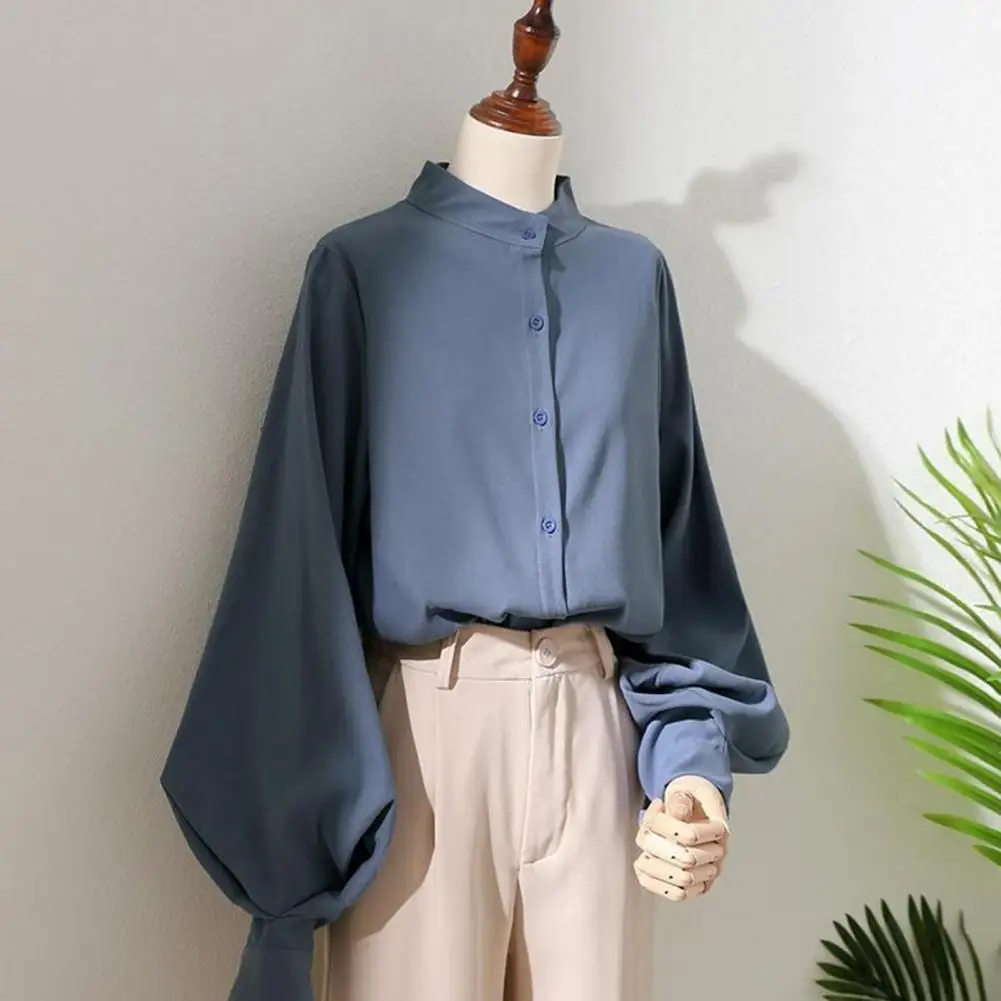 Solid Color Blouse Elegant Stand Collar Lantern Sleeve Women's Shirt for Office Solid Color Loose Fit Single Breasted Blouse