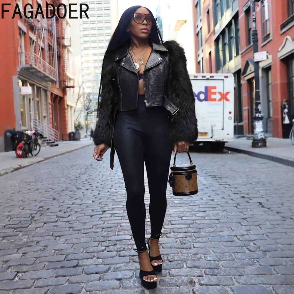 سترة FAGADOER شتوية جديدة مثيرة من الجلد والفرو للنساء معطف قصير بسحاب للدراجات النارية ملابس خروج نسائية #3