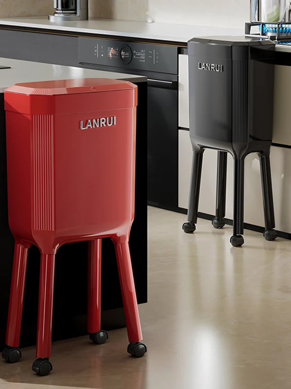 

Large Kitchen Tra Can with Lid High Foot No Bending Waist Living Room Mobile with Roller High Aesthetic Value Garbage Can