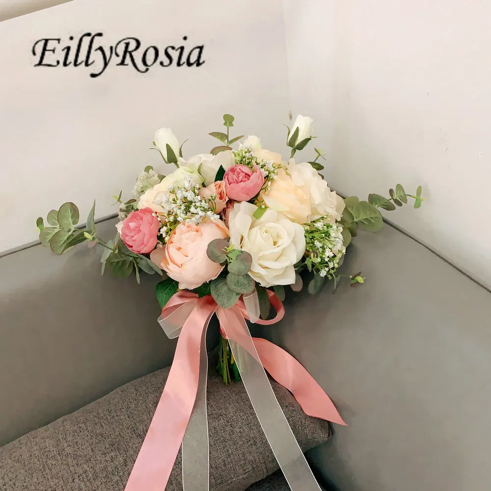 EillyRosia New Pink Cream Wedding Bouquet para dama de honra Flor Greennery Natural Bonito País Fotografia Casamento Outdoor