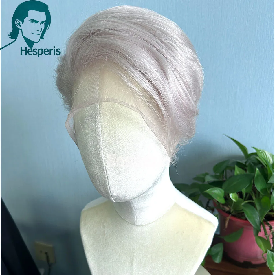 Hesperis pré estilo natural loira cheia do laço peruca masculina pré-corte prótese cabelo raspado corte perucas de renda para homens curto peruca loira
