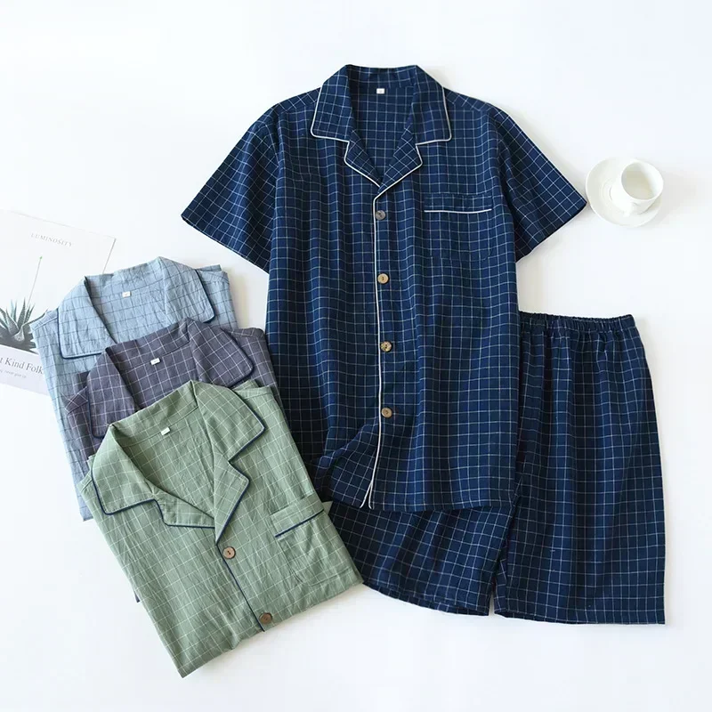 2026 Men's Summer Pajamas Set Thin Short Sleeve Cotton Plaid Sleepwear Soft Japanese Checkered Home Service Suit Pants