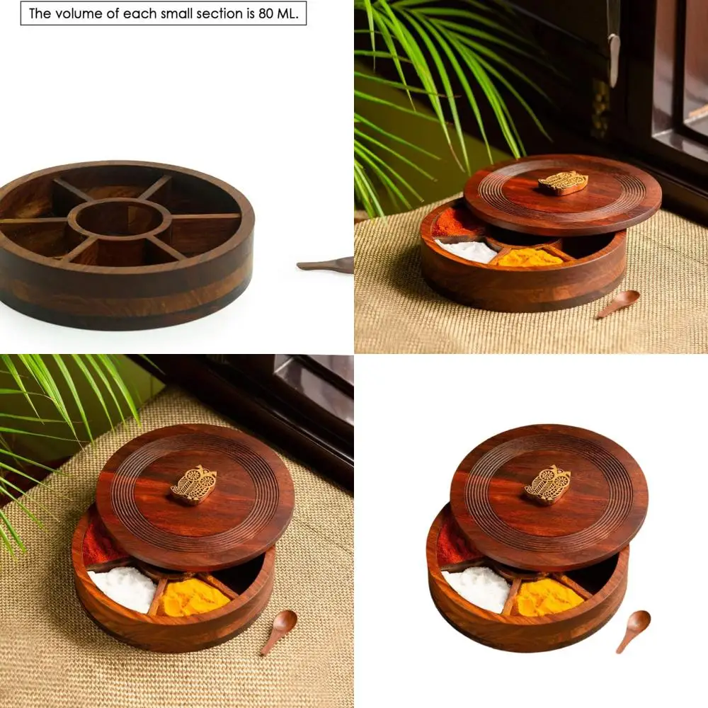 

Коробка для специй из дерева Sheesham ручной работы с 7 отделениями и ложкой | Масала Dabba с гравировкой Mystic Owl для кухни