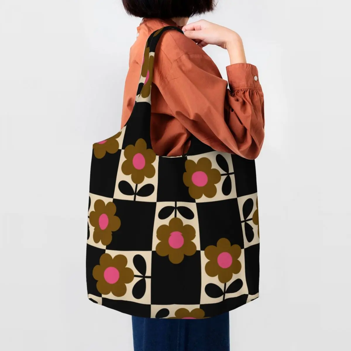 Bolso de compras reutilizable personalizado con estampado de castaño y maceta, bolso grande de hombro de lona para mujer, bolsas de compras de comestibles lavables