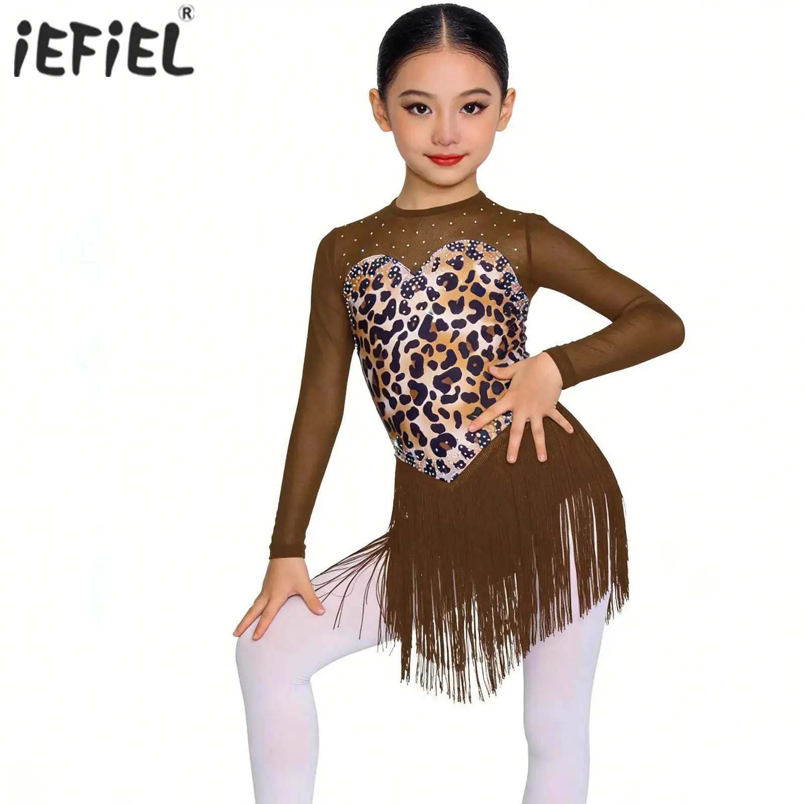Mädchen Leoparden-Latein-Tanzkleid mit Fransen, Bühnenkostüm mit Langen Ärmeln, Glänzenden Strass-Verzierungen und Quasten