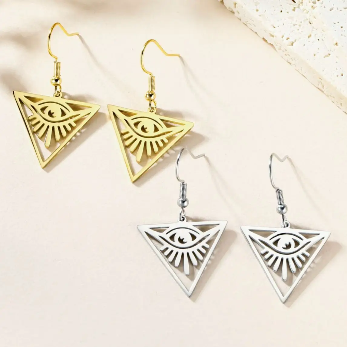 LIKGREAT Vintage Triangle Eye of God Earrings for Women Protection Ancient Egypt Amulet Stainless Steel Accessories Jewelry Gift