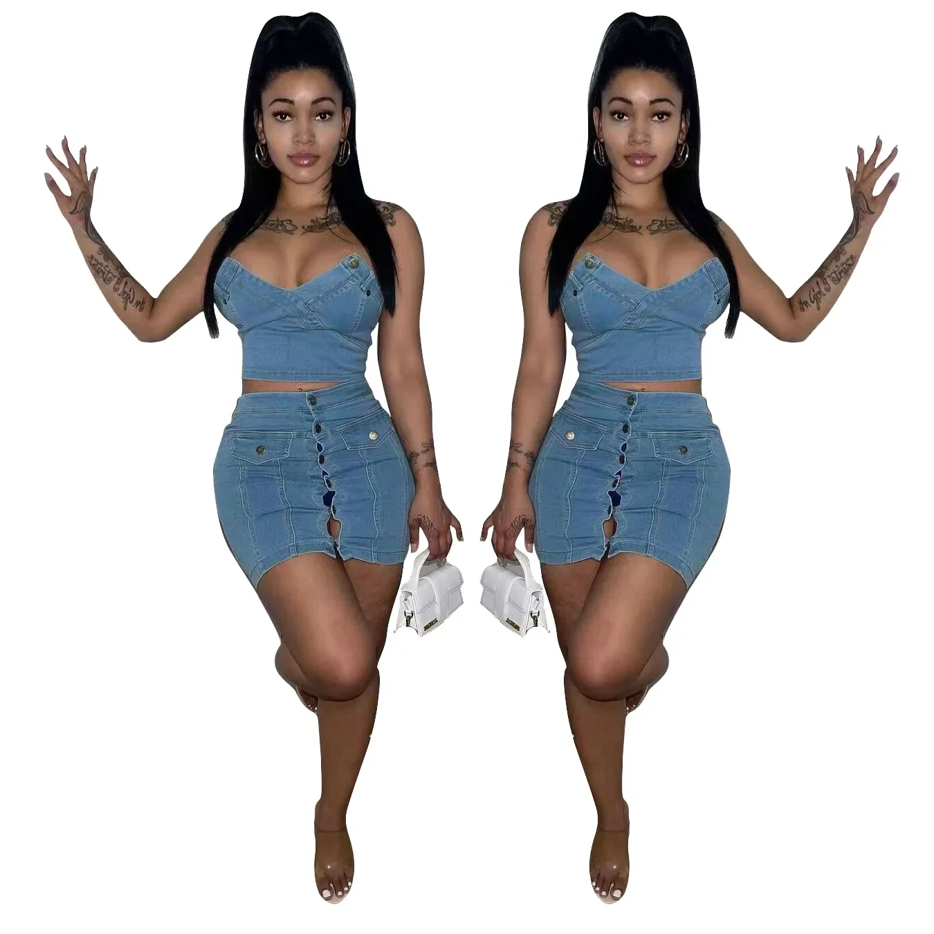 Washed Denim Skirt Two Piece Set Women Sexy Outfits Sleeveless Waistcoat Buttons Mini Skirts Suit 2024 Streetwear Ensemble