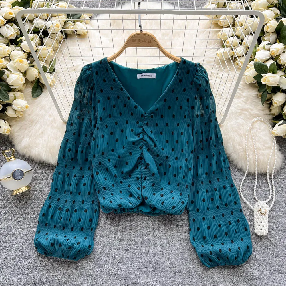 Elegant Blouses for Women Korean Style Blouse Long Puff Sleeve Polka Dot Shirt Woman Sweet Crop Top V Neck Femme Blusas Dropship