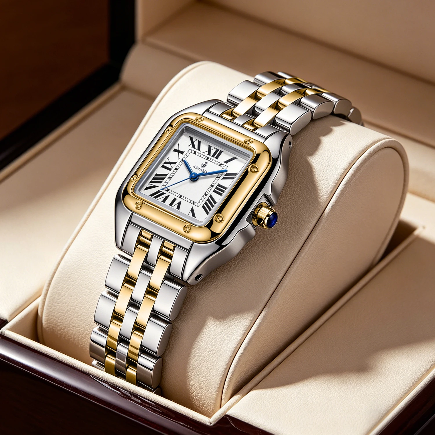 AIMANA Elegant Ladies Two-Tone Watch White Square Roman Dial Waterproof Quartz Stainless Steel Strap Dress Wristwatch Gift for W