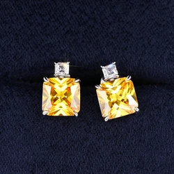 Huitan Luxury Princess CZ Stud Earrings for Women Yellow/Pink Cubic Zircon Colored Temperament Ear Piercing Accessories Jewelry