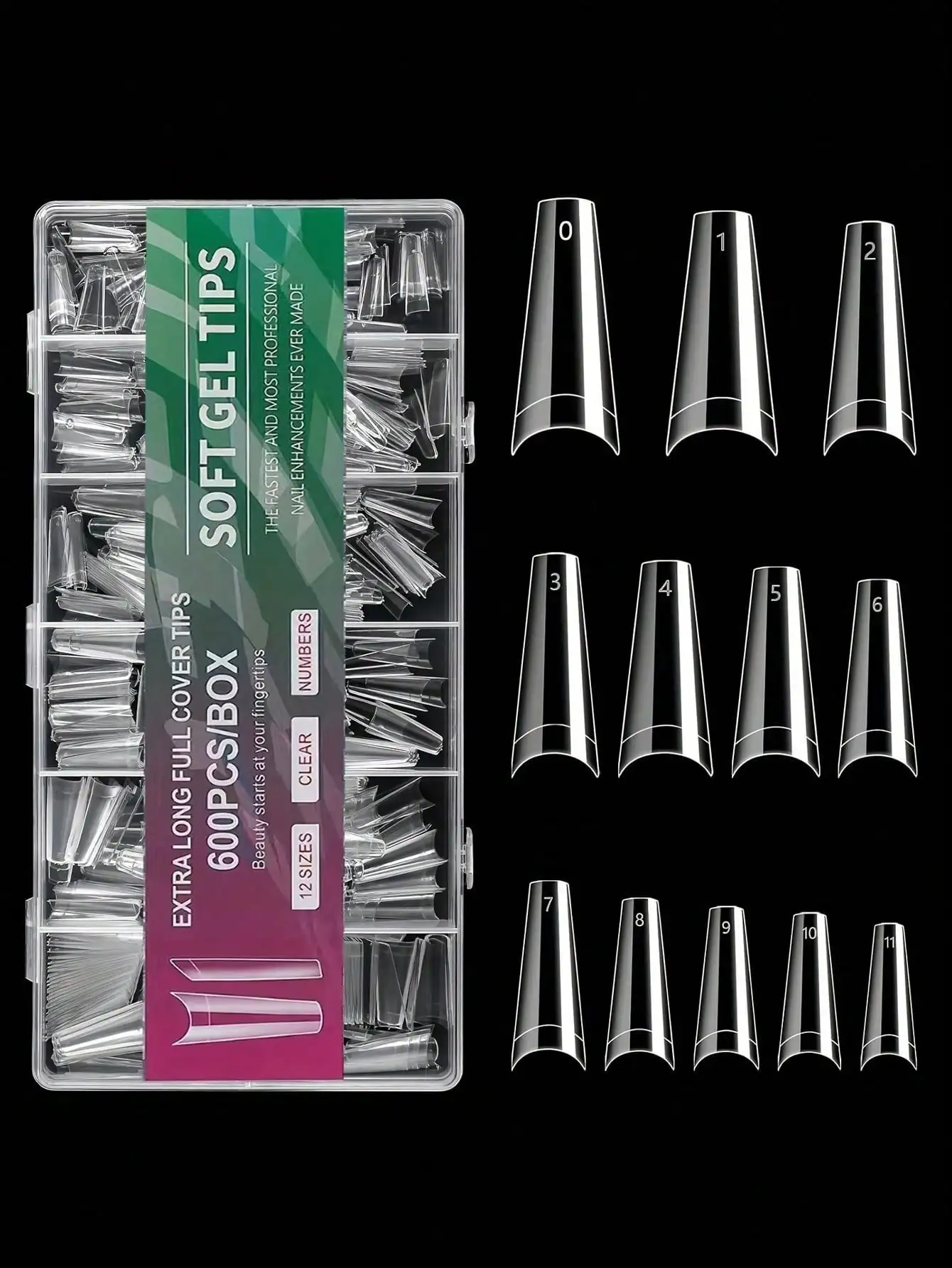 

600pcs Extra Large Almond Shaped Full Cover Fake Nails, Transparent Straight Acrylic Nails Without C-Curve