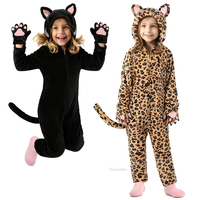 4 6 8 10 12 Years Girls Black Cat Jumpsuits Unicorn Pajamas Kigurumi Toddler Kids Hooded Flannel Home Wear Children Onesie