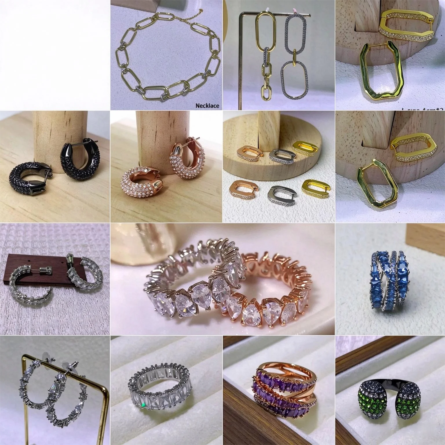 Women Shiny Cubic Zircon Huggie Ear Buckle Geometric Ring Paperclip Chain Necklace Fashion Jewelry Accessories