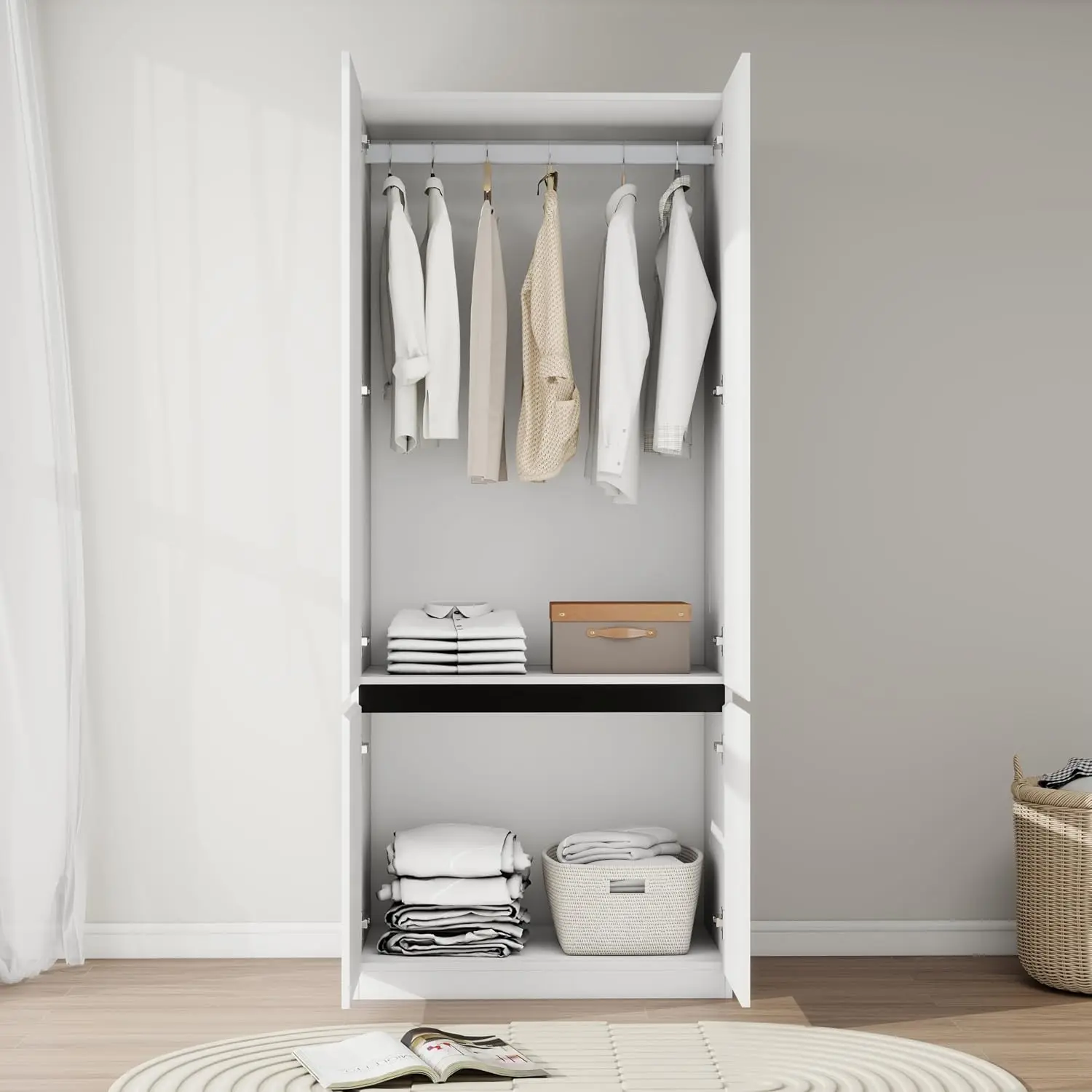 White Wardrobe Closet with 2 Doors 75"H x 31.5"W Bedroom Cabinet for Clothes Wooden with Hanging Rod & Shelves, Customized view 3