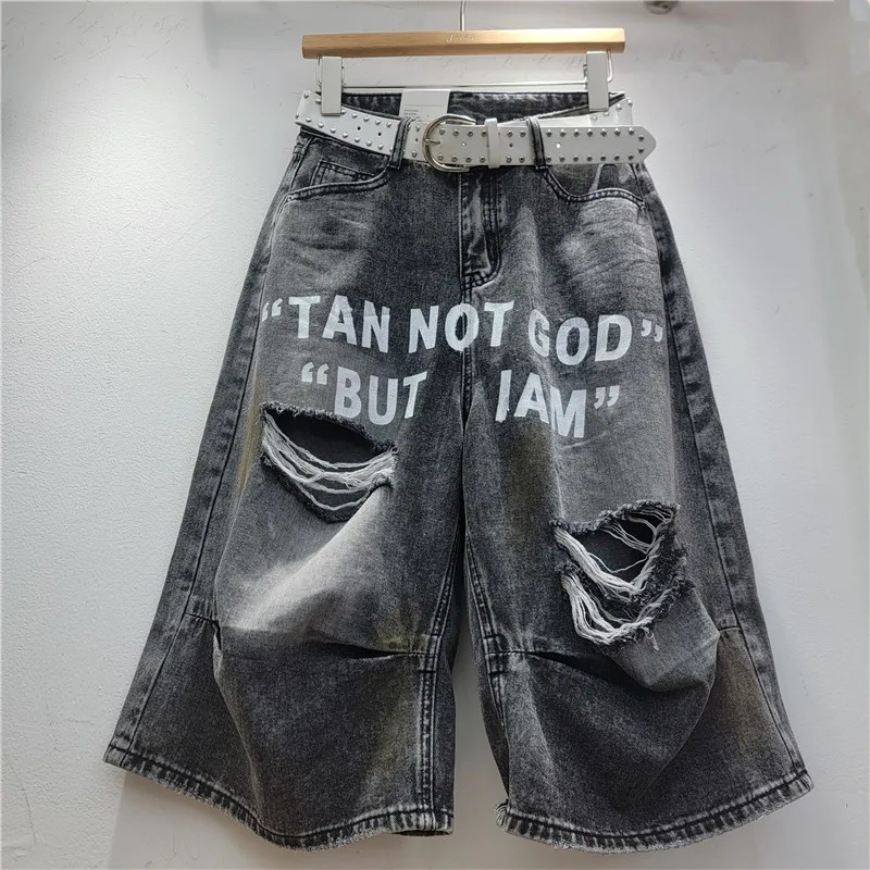 

European and American Style Denim Cropped Pants, 2026 Summer New Printed Letter Distressed Jeans, Cool & Edgy Relaxed Fit, Women