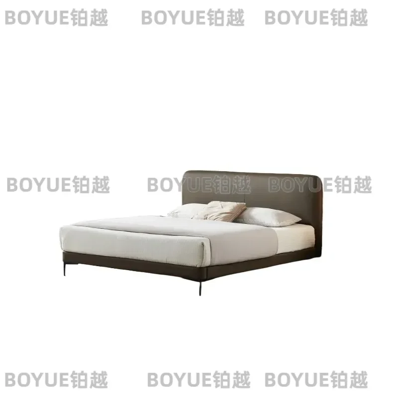 Luxury Genuine Leather Bed Frame Soft Upholstered Platform Double Bed for Bedroom Modern Minimalist Flush Edge Design