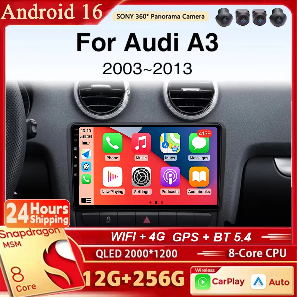 For Audi A3 8P 2003 - 2013 Android 16 Car Radio Multimedia Player Android Auto Carplay Head Unit Navigation GPS