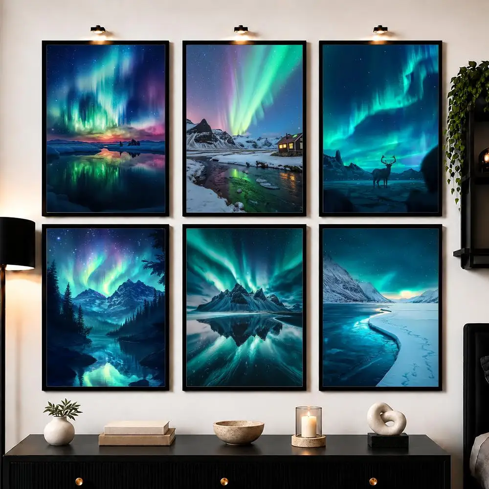 Northern Lights Mountains Poster Wall Art Sticker For Living Room Bedroom Bar Home Decor Mural Painting Decoration