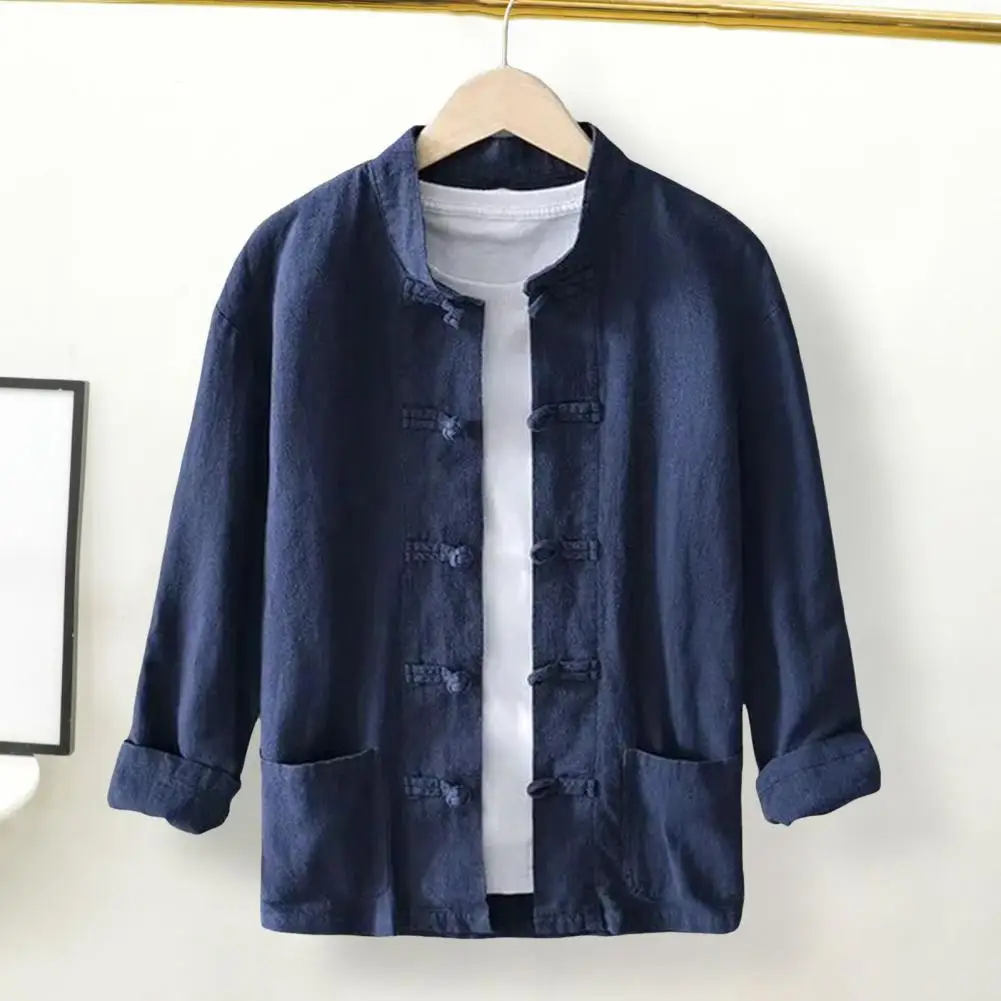 

Solid Color Long-sleeve Shirt Chinese Style Men's Stand Collar Cardigan Shirt with Knot Button Detail Traditional Hanfu for Mid