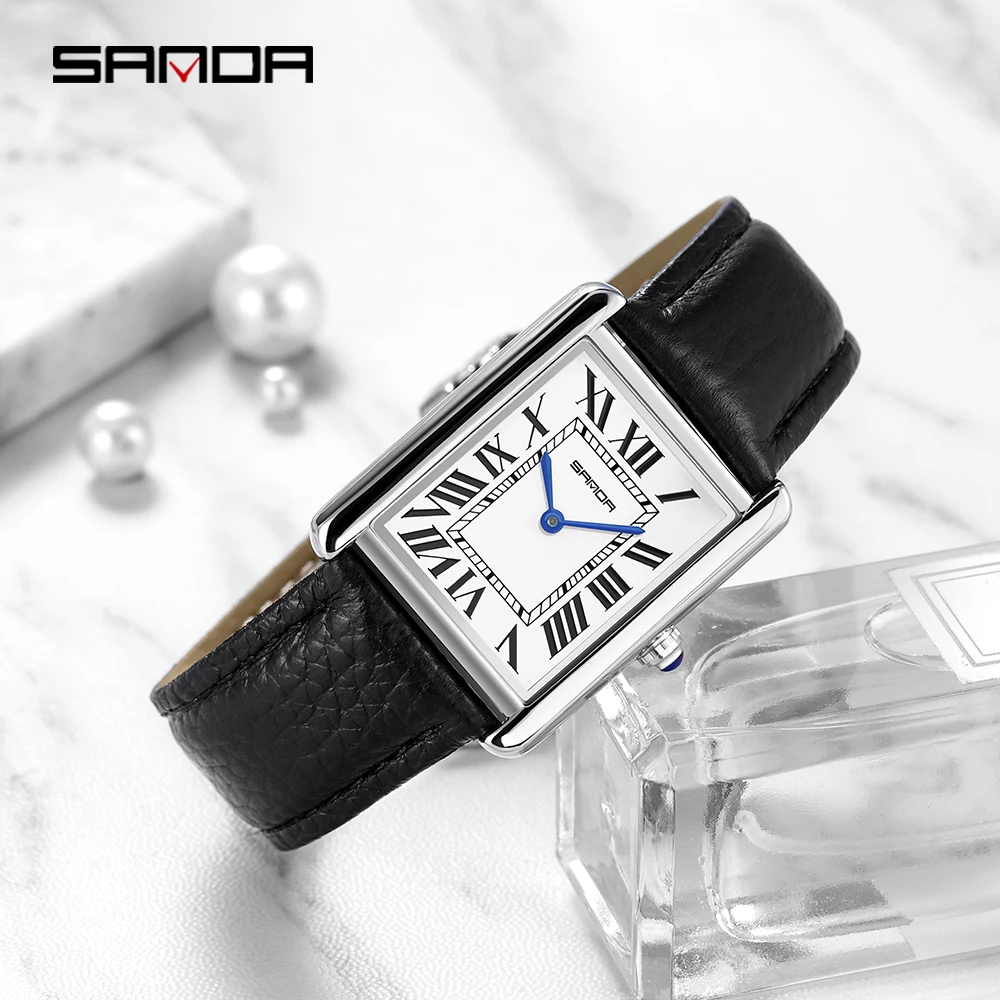 SANDA Men Women Quartz Watch Roman Numeral Square Stainless Steel Leather Wristwatch Casual Lovers Water Resistant Ladies Watch