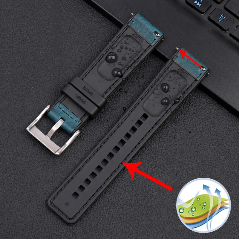 Vintage Italian Leather Watch Band For Seiko Tudor Casio Waterproof Silicone Rubber Bottom Chain Strap Bracelet 20mm  22mm 24mm