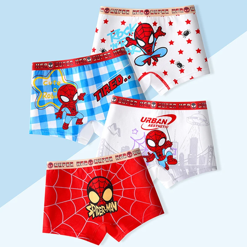 Ropa interior de algodón para niños de 4 piezas, calzoncillos Boxer con estampado de moda de Spiderman caballeroso, calzoncillos Boxer transpirables y agradables para la piel