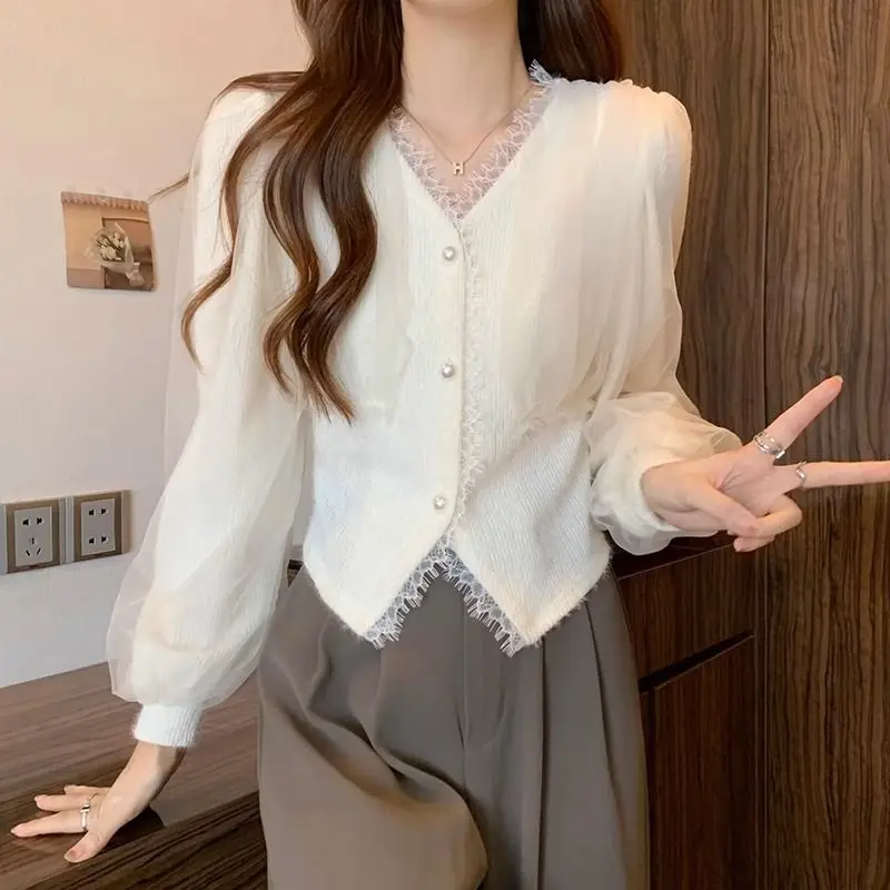 V넥 셔츠 & 블라우스 여성용 젊고 우아한 신상 2025 한국 스타일리쉬 한국 인기 의류 베이직 메쉬 여성 상의 세일