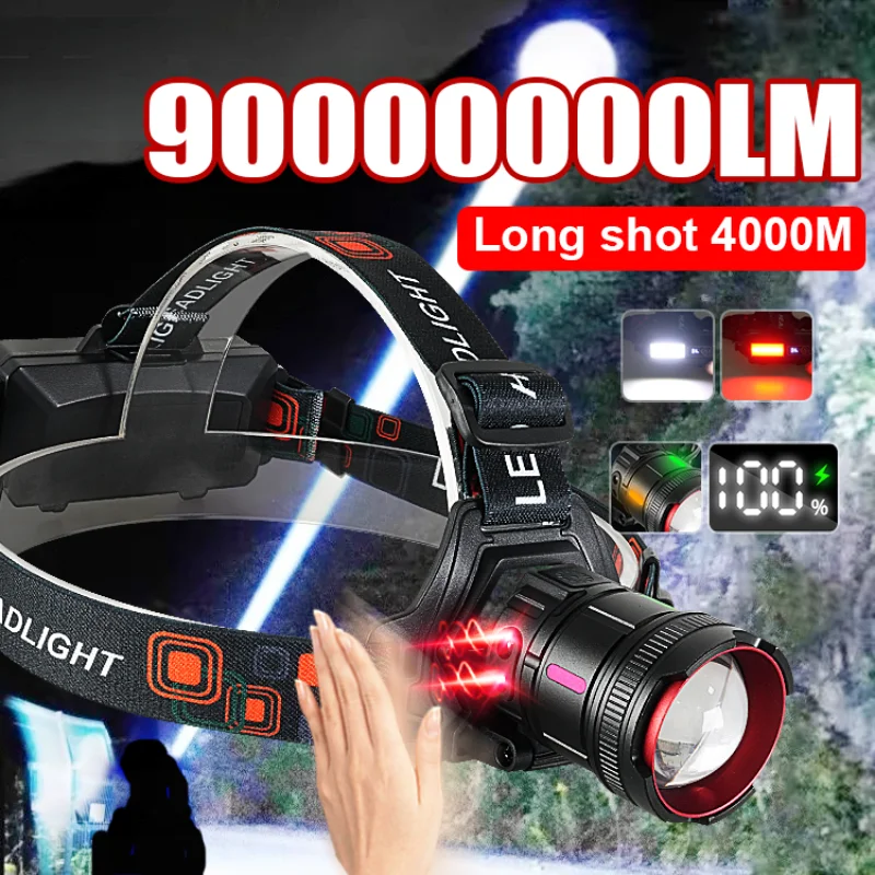90000000LM Ultra Bright LED Head Flashlight Most Powerful Sensor Headlamp Rechargeable Head Torch 4000M Outdoor Headlight 18650