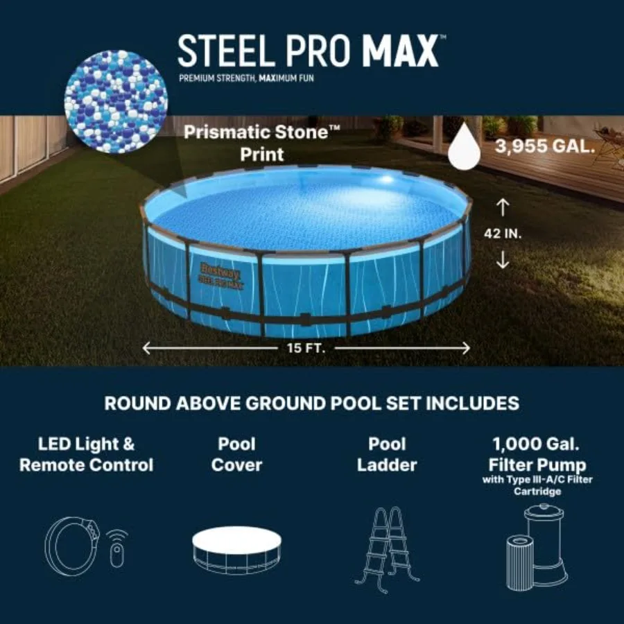 15' x 42" Above Ground Pool, Round Metal Frame Outdoor Swimming Pool Set with LED Light, Filter Pump, Ladder, & Cover, Dark Gray - view 4
