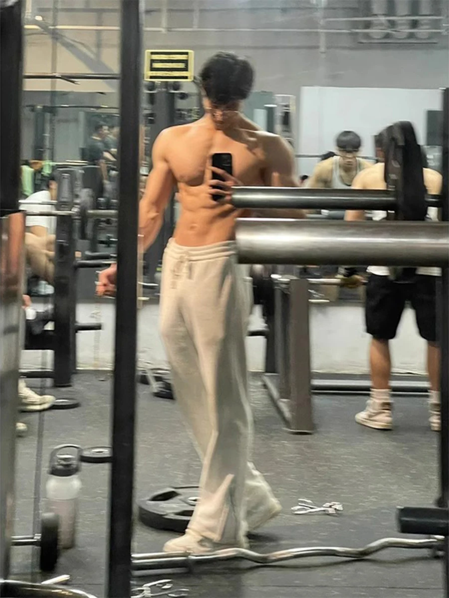 Grey Fitness Zipper Pants Men's Summer American High Street Casual Straight Leg Cleanfit Flared Sports Sweatpants