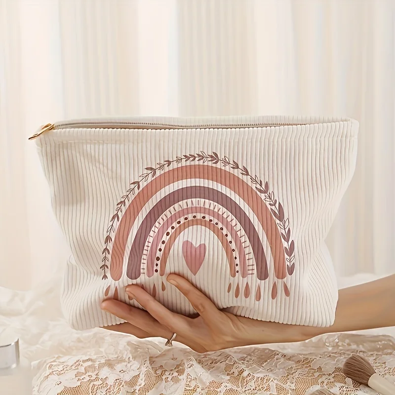 Corduroy Makeup Pouch with a Rainbow Love Design Lightweight Zippered Bag Ideal for Storing Toiletries And Additions