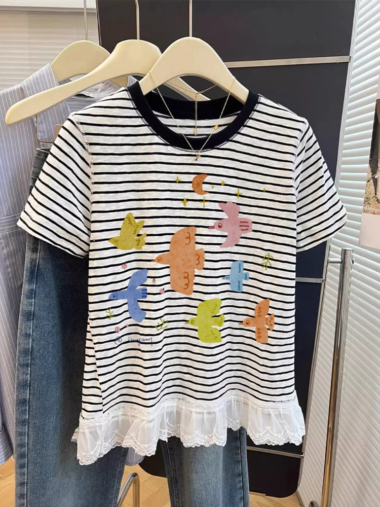 Korean Sle Casual ort Sve T-irt ex Summer Creative Stripe Print Top Moisture ng Sweat Absorbent Regular Fit