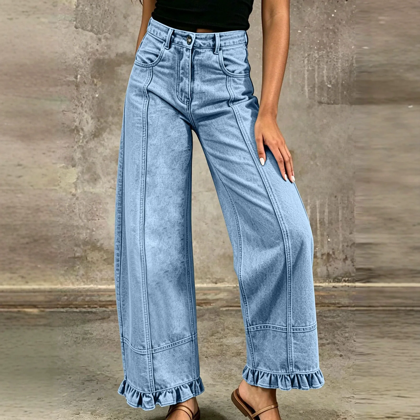 YJKDYK Women Baggy Wide Leg Denim Cropped Pants Vintage Y2k Pleated Ruffle Hem Elastic Low Rise Loose Fit Jeans with Pockets