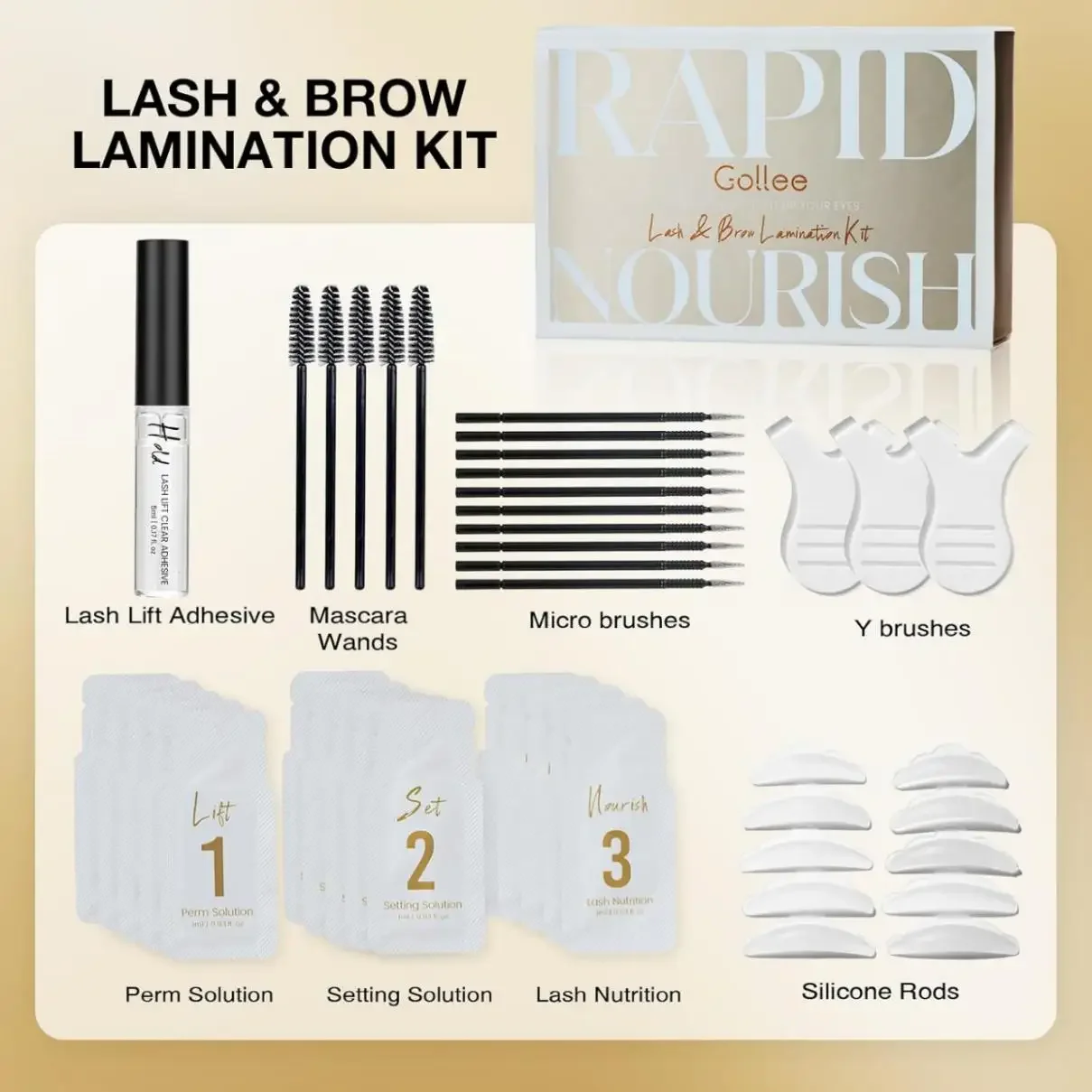 Kit Gollee 2 en 1 para Lifting de Pestañas y Cejas - Fórmula Suave, Larga Duración de 8 Semanas, Empaquetado Individualmente, Ahorra Tiempo, para Uso en Casa y Salón