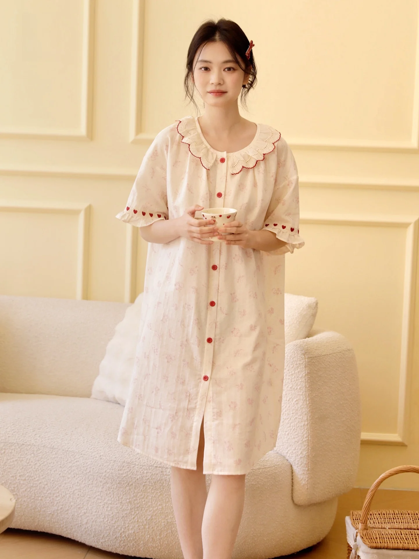 class-a-maternity-cotton-pajamas-short-sleeve-embroidered-princess-style-home-sleep-dress-women's-loose-fit-summer-outfit