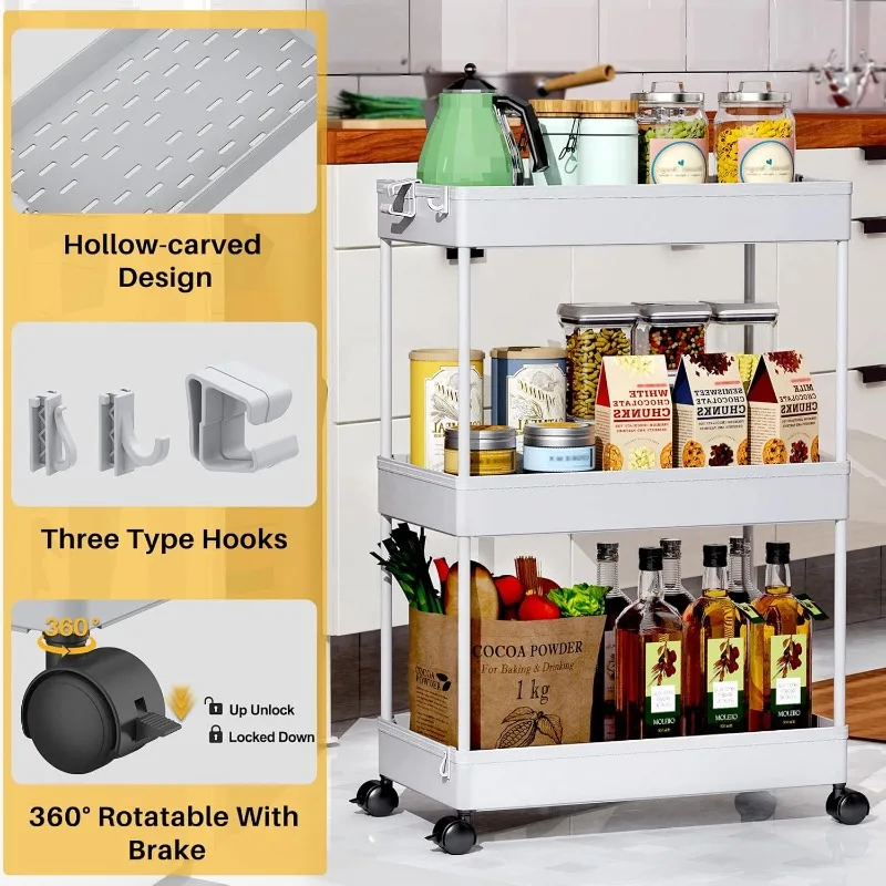 Rolling Storage Cart 3 Tier Bathroom Cart Organizers with Wheels Laundry Room Organization Mobile Shelving Unit Utility Cart