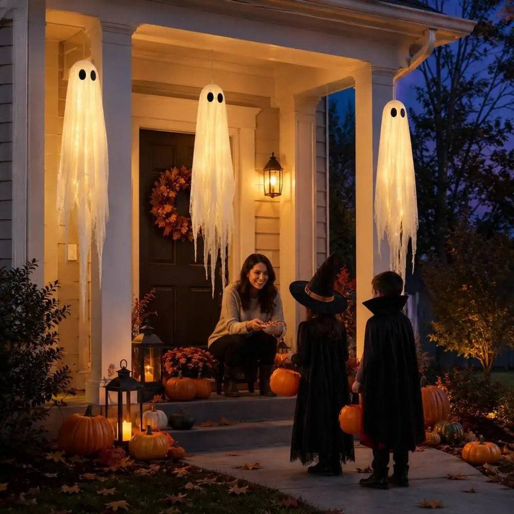 Light Up Spooky Yard Ornaments Battery Operated Glowing Ghosts 3 Pcs Hanging Ghosts Double-layer Fabric Halloween Decorations