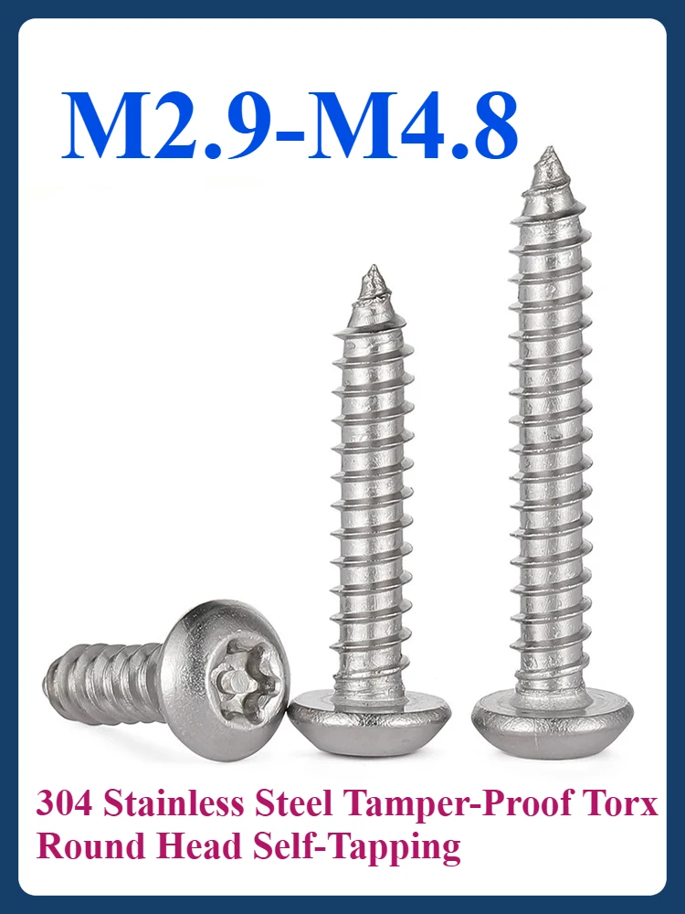

2~30pcs 304 Stainless Steel Tamper-Proof Torx Round Head Self-Tapping Screws with Pin, M2.9~ M4.8 Anti-Theft Security Fasteners