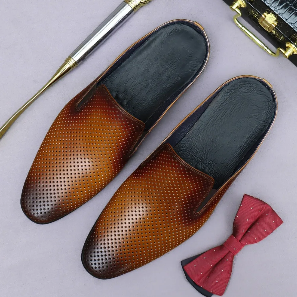 

Retro Men's Casual Slippers | Hollow-Out, Genuine Cowhide, Closed-Toe Mules, Leather Slip-On Footwear