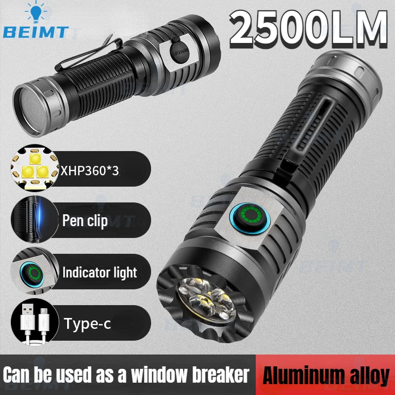 

3*XHP360 LED 2500LM Aluminum Alloy Portable Flashlight High Power and Brightness Torch Emergency Outdoor Lighting Fishing Lights