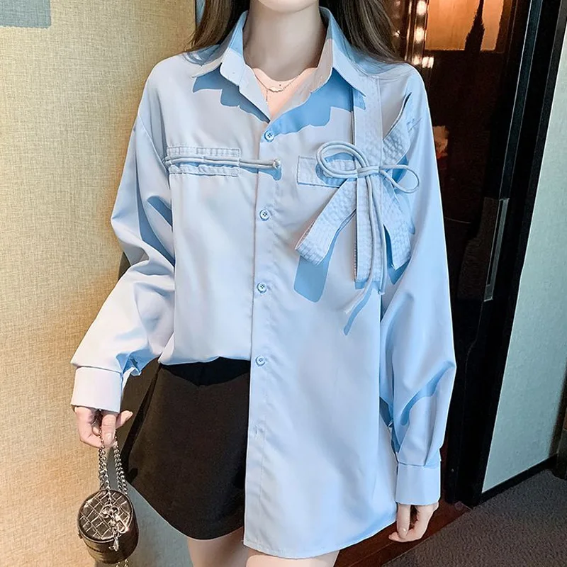 

Polo Neck Blue Shirt Tops Spring New Long Sleeve Bow Patchwork Loose Solid Youth Sweet Blouse Fashion Korean Women Clothing