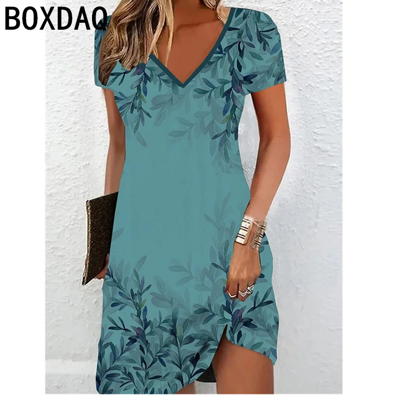 5XL 6XL Large Size Women\'s Dress 3D Vintage Leaf Print Dress Summer Short Sleeve V-Neck A-line Knee-length Dress Vestidos