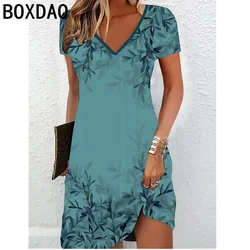 Vestido Vintage con estampado de hojas 3D para mujer, prenda de manga corta con cuello en V, longitud hasta la rodilla, talla grande 5XL, 6XL