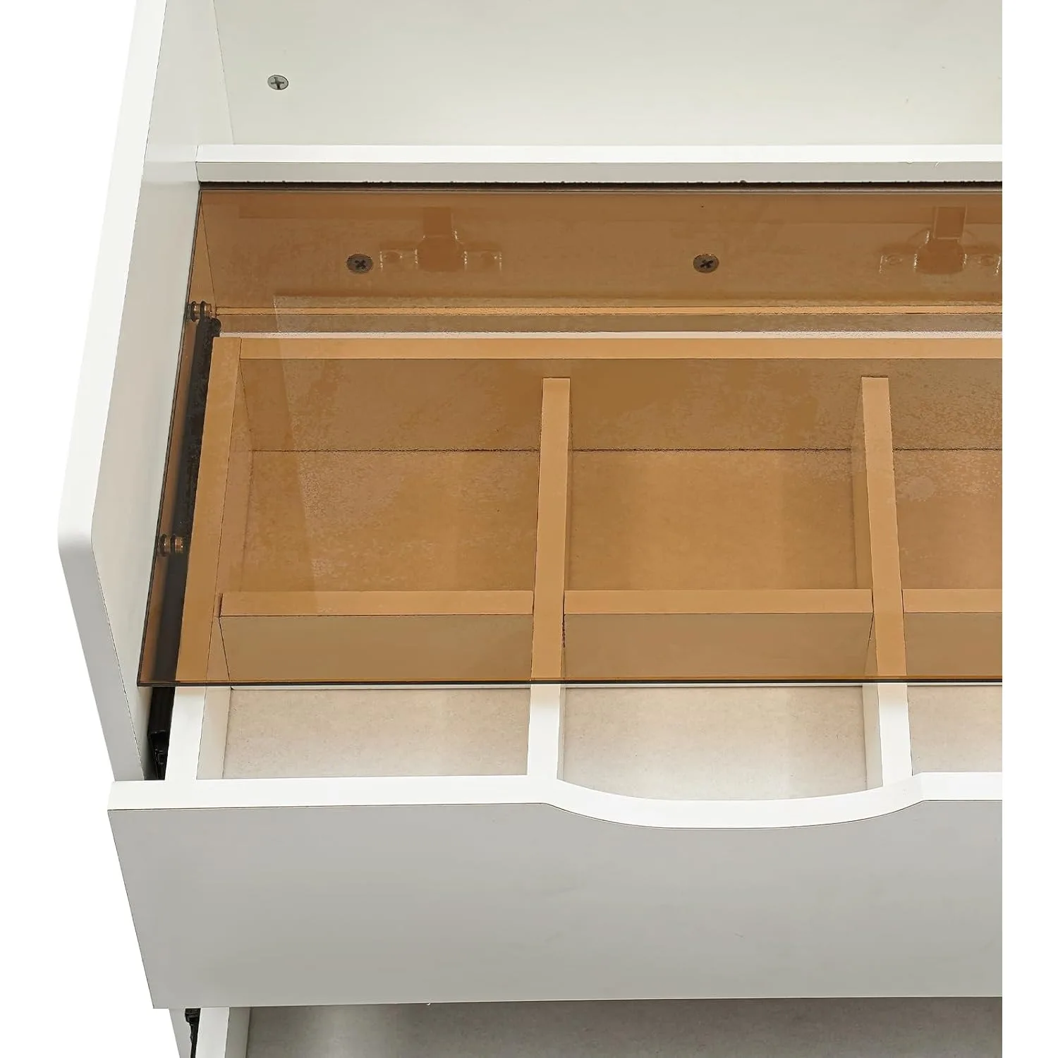 مكتب زينة 3 في 1 باللون الأبيض الكريمي مع مرآة علوية قابلة للطي، وكرسي مخفي، وطاولة زينة للمكياج مع مقعد مبطن لغرفة النوم والشقة