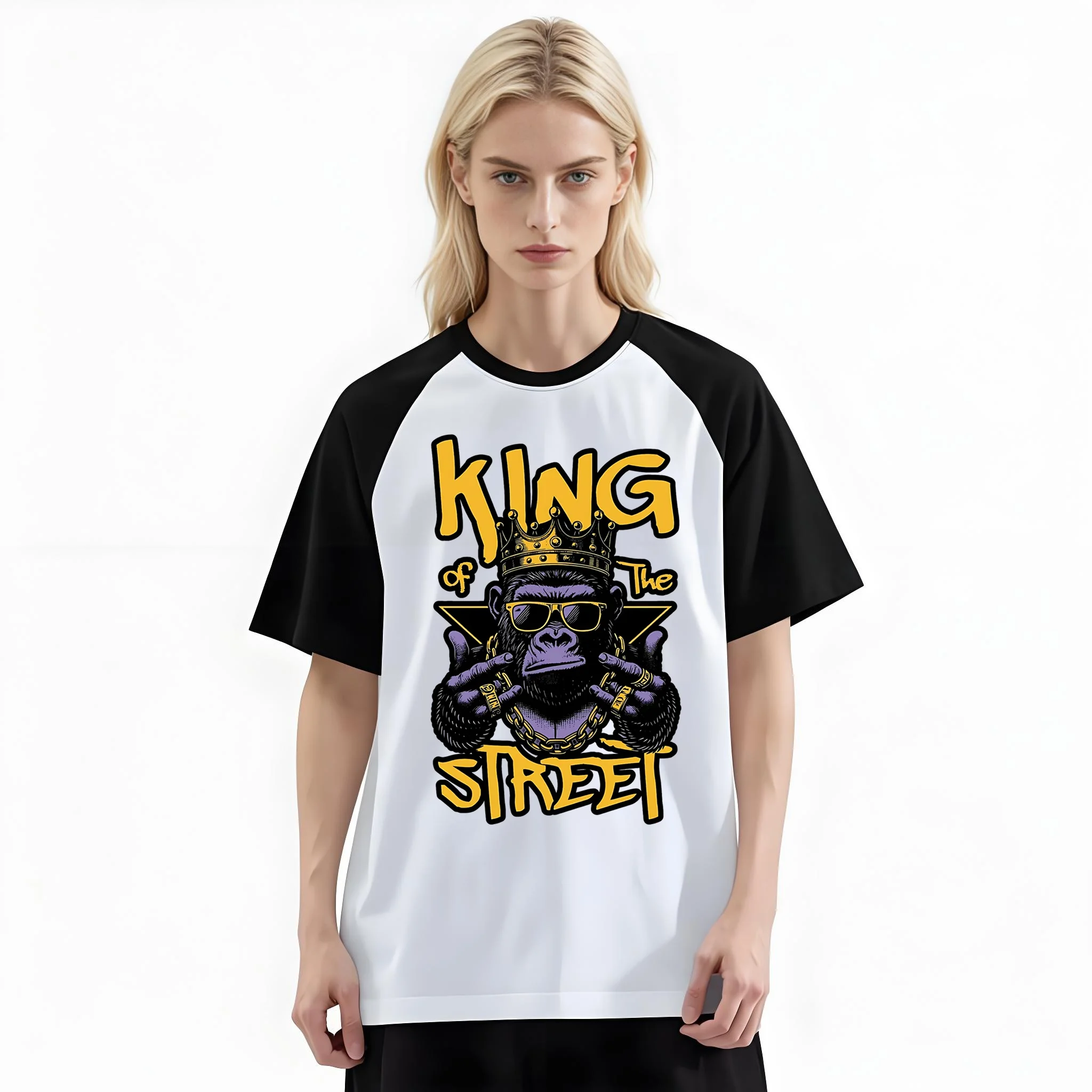 Women'S Fashion Raglan Sleeve T-Shirt, King Of The Street Gorilla Crown Gold Chain Hip Hop Printed, Summer Casual Comfortable Tee, Women'S Everyday Short-Sleeve Top